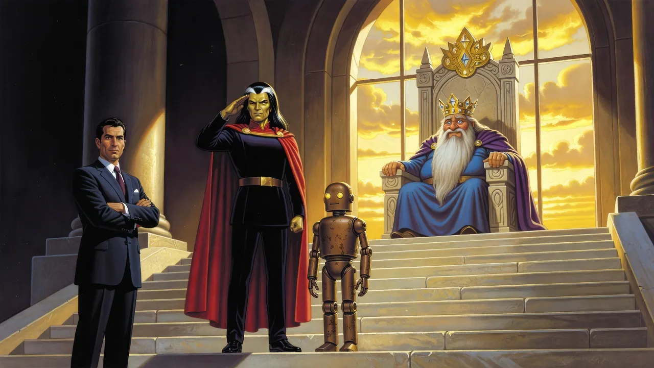 An alien commander in a red cape raises an open palm at the foot of a long stair to an old bearded king on a high throne, a small bronze robot beside him and a man in a dark suit watching from the shadows.