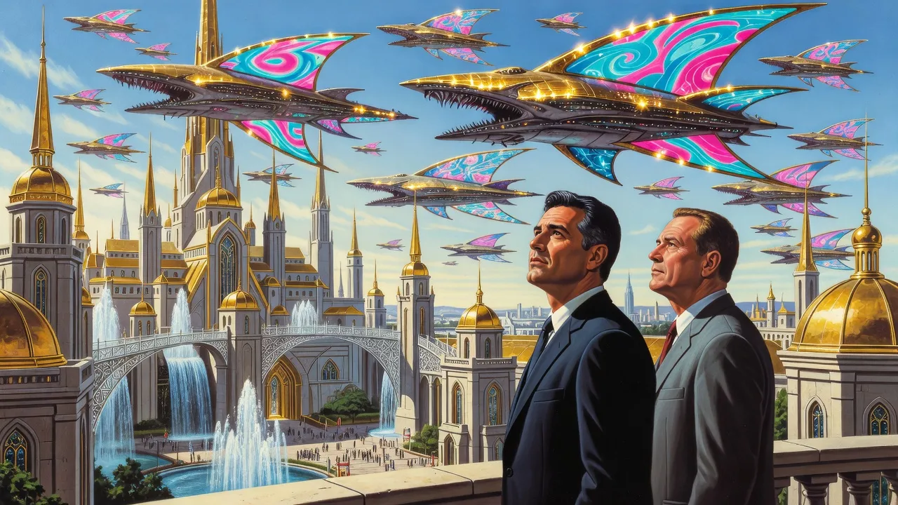 Two men in suits on a high palace balcony watch ornate alien warships fill the sky above golden cupolas and fountains.