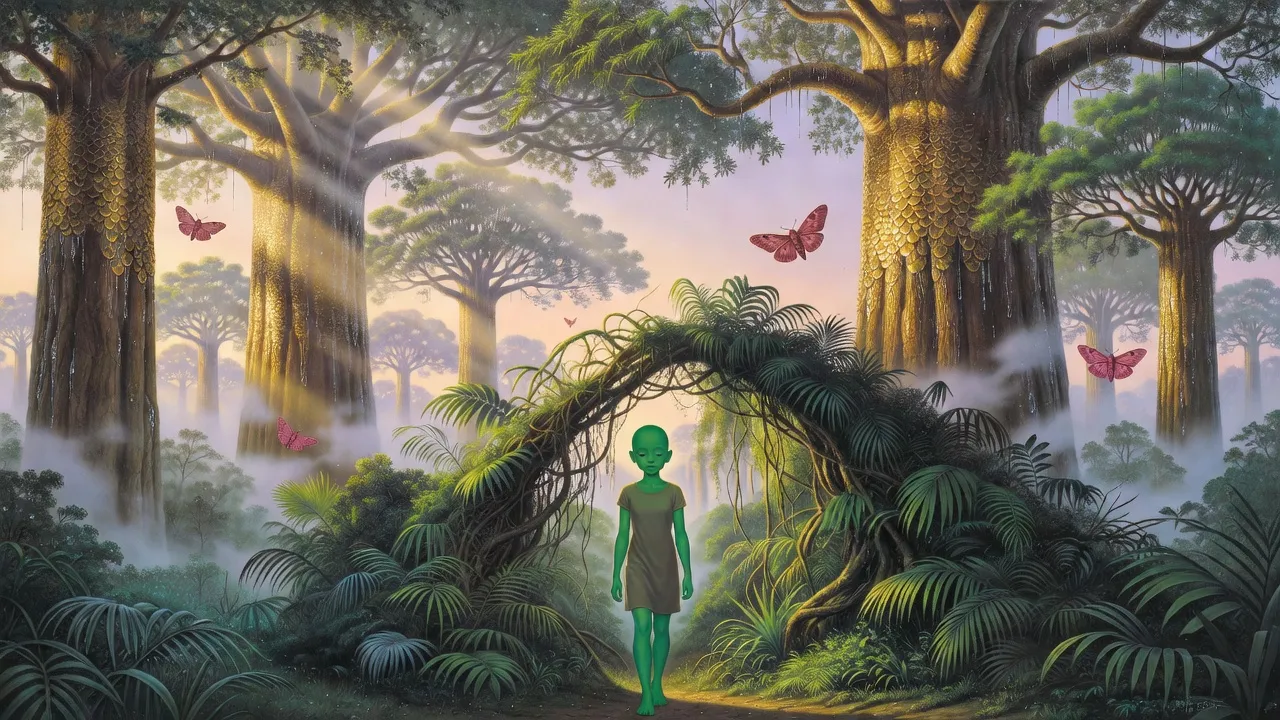 At dawn a hairless girl with emerald-green skin walks calmly out of a parting thicket among towering golden-barked trees.