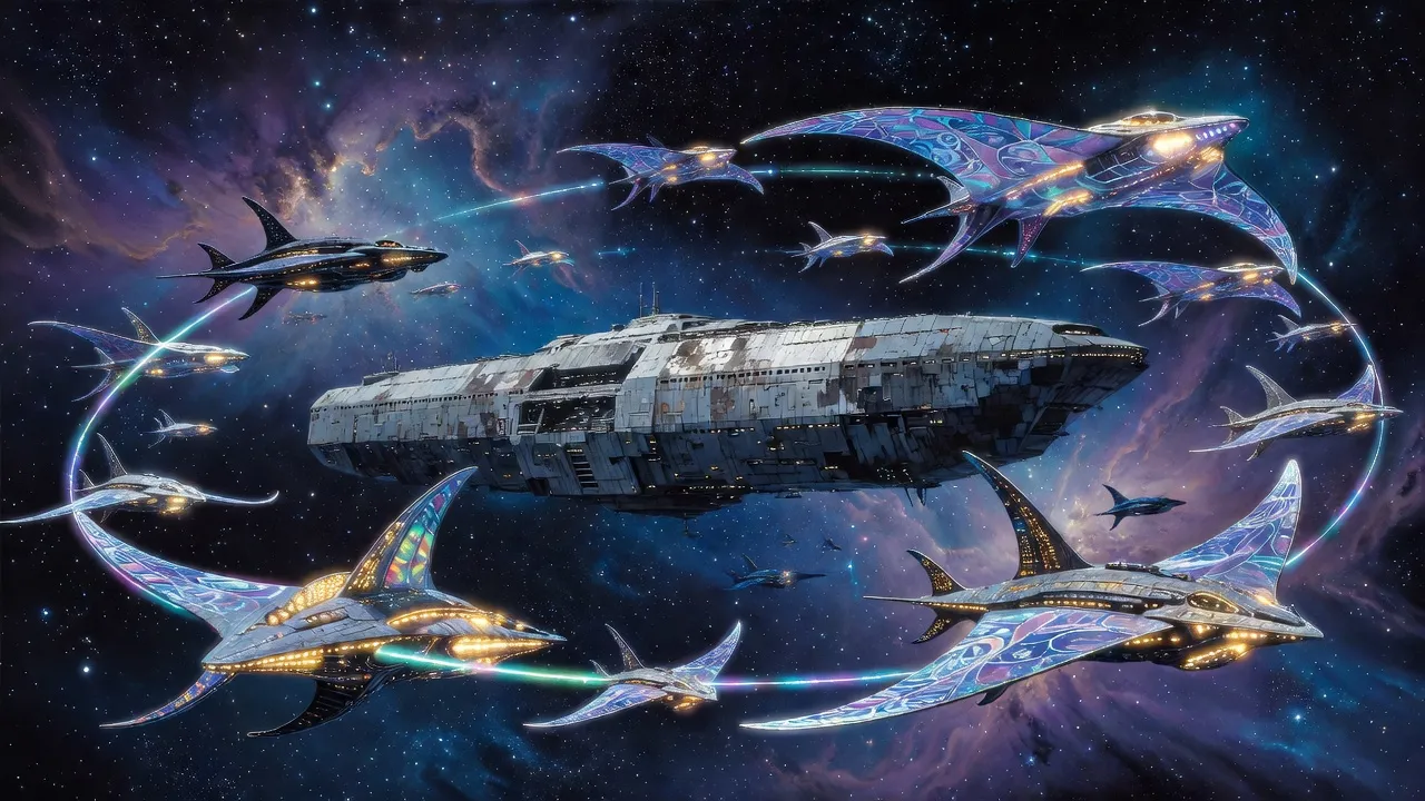 A battered, patched grey generation ship drifts among stars as ornate, brightly painted alien warships close in around it.