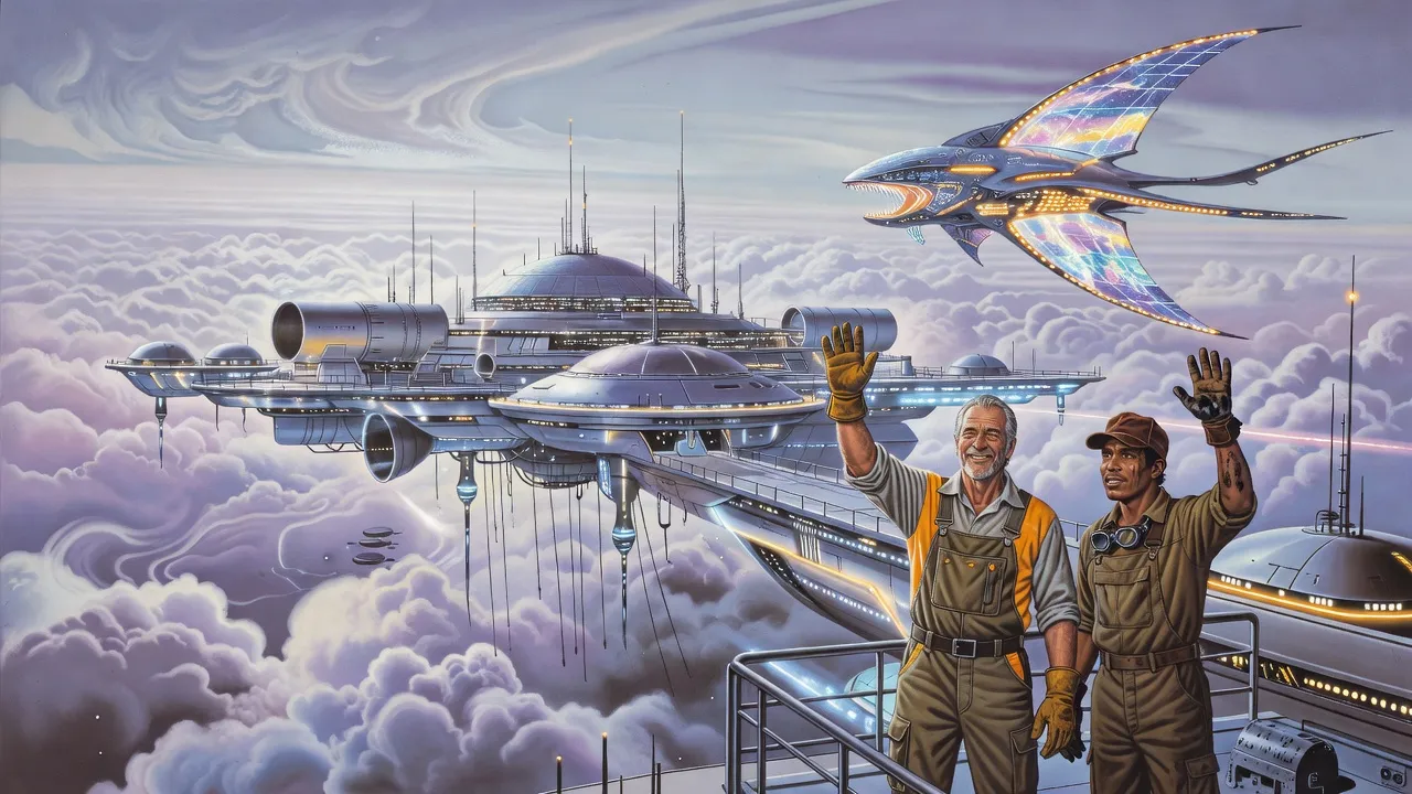 Two men on the open deck of a huge domed industrial city floating above lavender clouds wave at a departing alien warship.