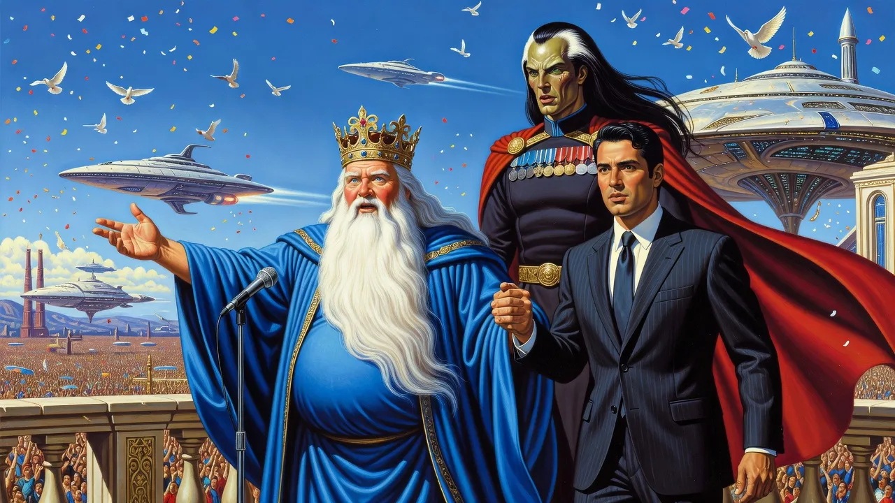 On a palace balcony amid confetti and white doves, a man in a dark suit grabs the arm of an old bearded king in blue robes while an alien commander looks on.