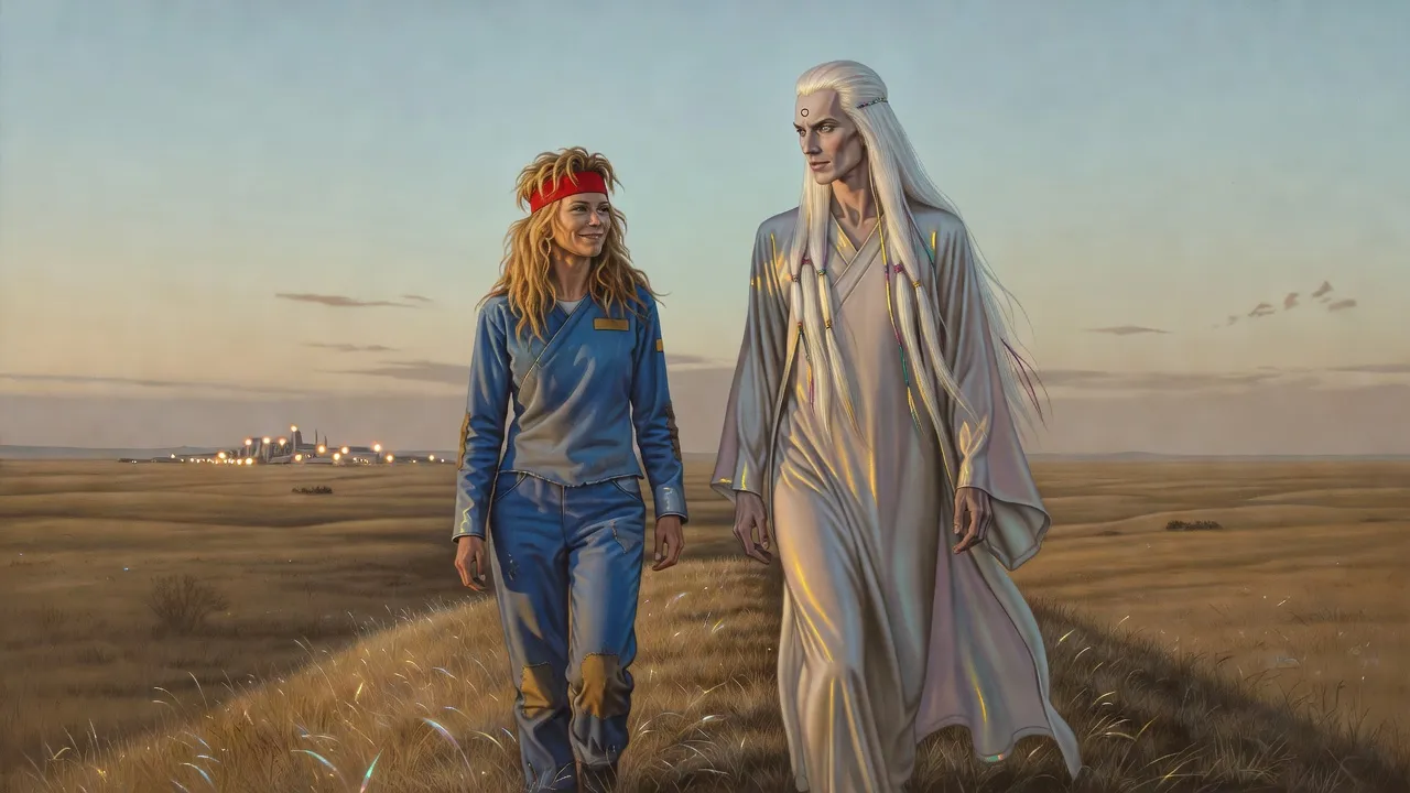 On a grassy rise in late-afternoon light a young woman in a worn uniform and red headband walks beside a tall alien man with long ivory hair, a small town glowing behind them.