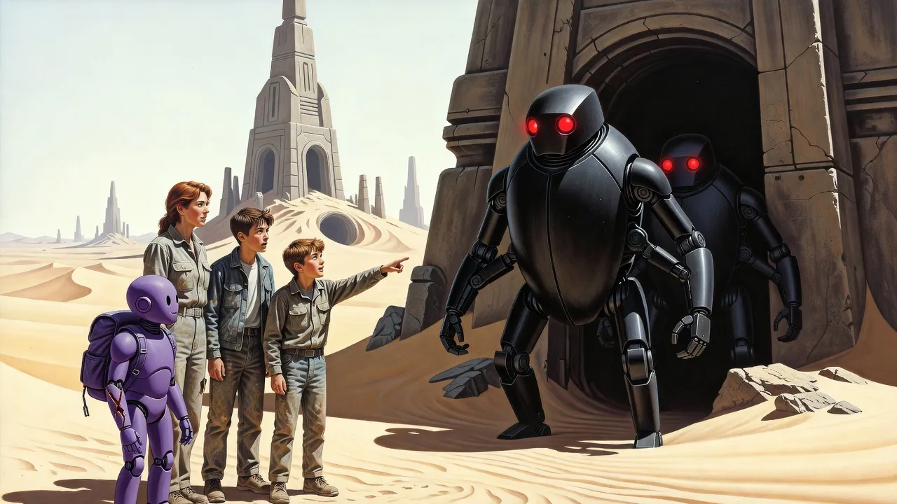 A woman, two boys and a small purple robot stop short in a sandy alien ruin before two towering black beetle-like robots with glowing red eyes.