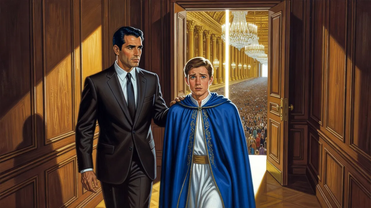 In a dim antechamber a man in a dark suit steers a nervous young man in a new blue cape toward tall doors open on a bright, crowded hall.