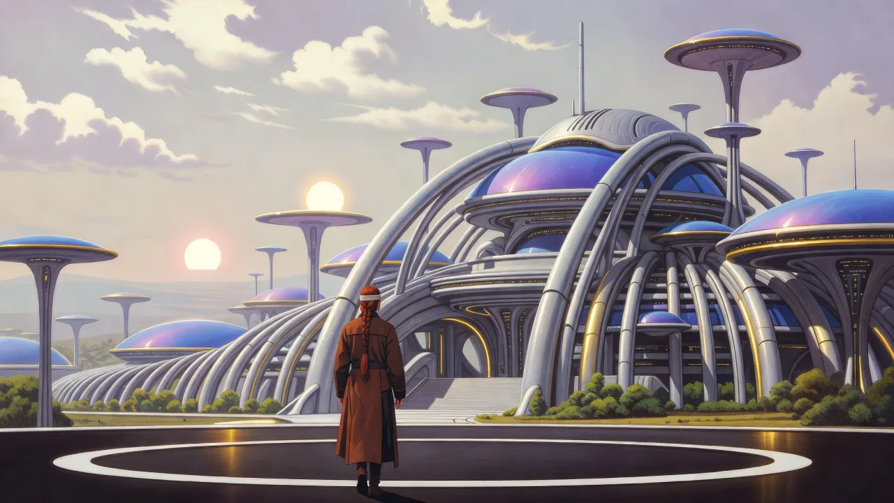 A lone figure in a long rust-brown coat with an auburn braid crosses a dark circular landing pad toward a city of ribbed silver towers and disc-topped spires under two pale suns.