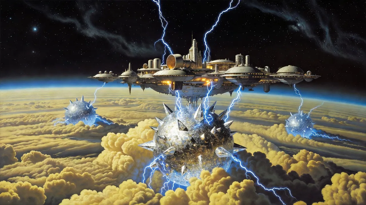 Under a black, starry sky, a vast crystal sphere crackling with blue lightning rises out of a sea of yellow gas-giant clouds beneath a floating industrial skymine lit amber, two smaller spheres breaking the clouds beyond.