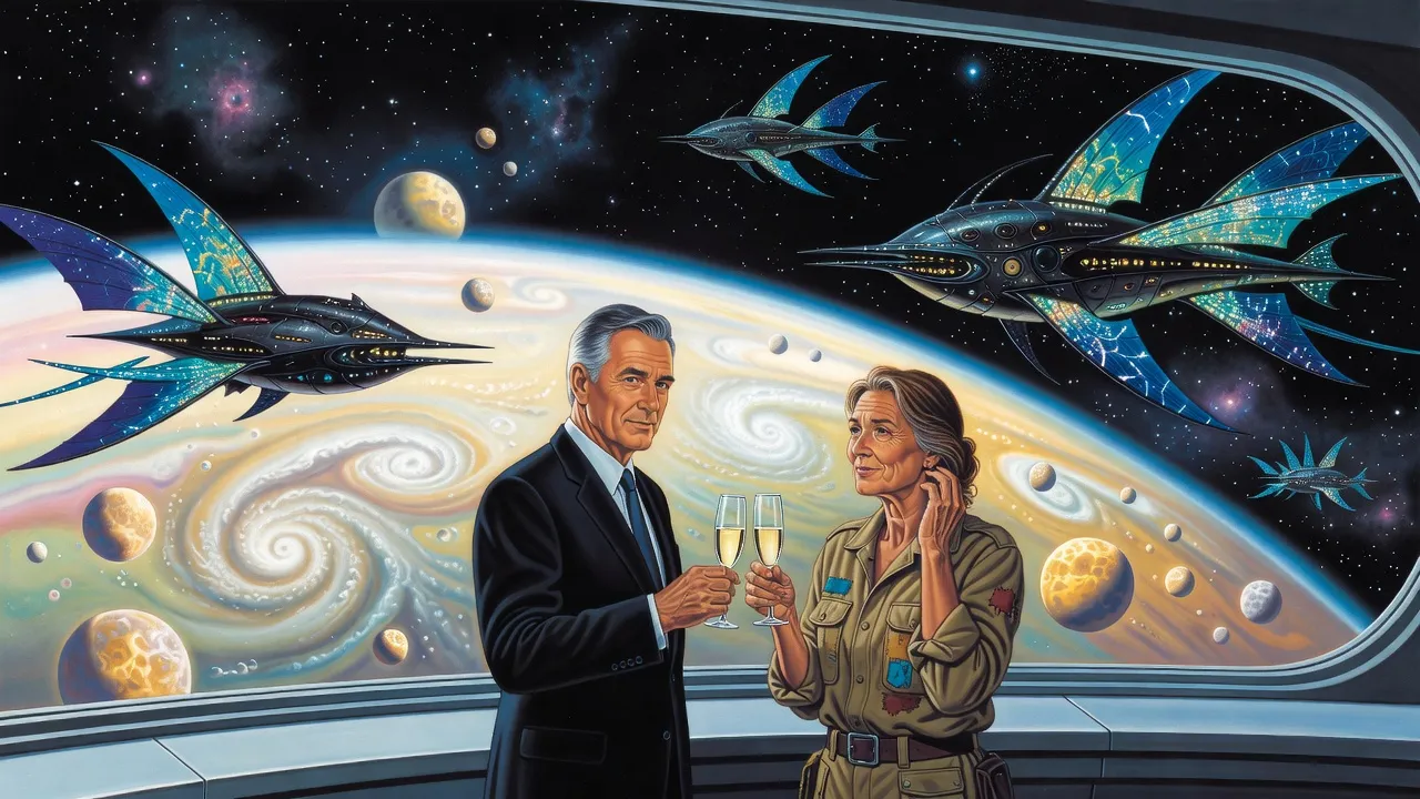 A distinguished grey-haired man in a dark suit raises a champagne glass to a weathered woman archaeologist before a window filled with a vast ochre gas giant.