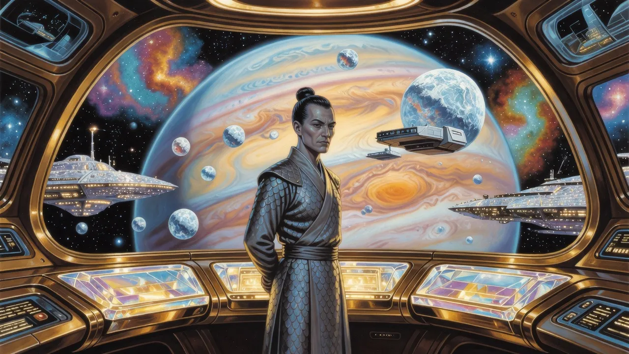 A grey-skinned alien admiral with a topknot stands on an ornate golden bridge, watching a gas giant and a small human platform through a great viewport.