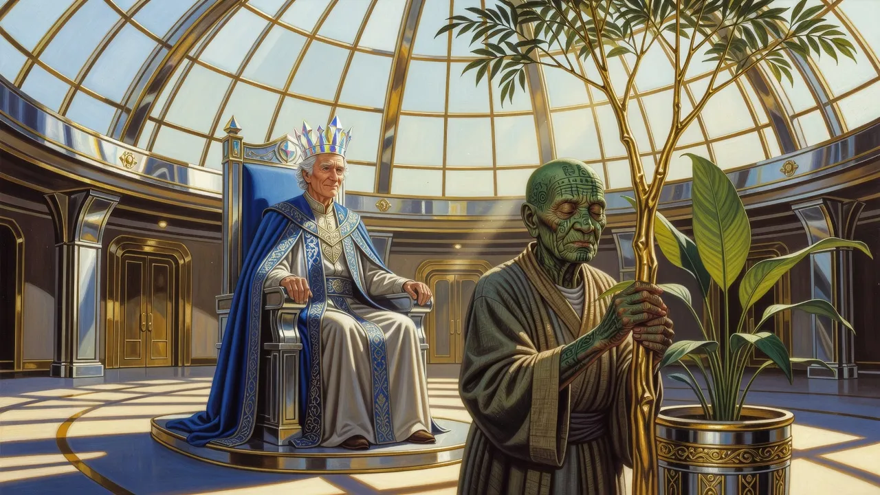 A weary old king in heavy robes and a prism crown stands before a throne beneath glass domes while an ancient green-skinned woman rests her hand on a potted sapling.