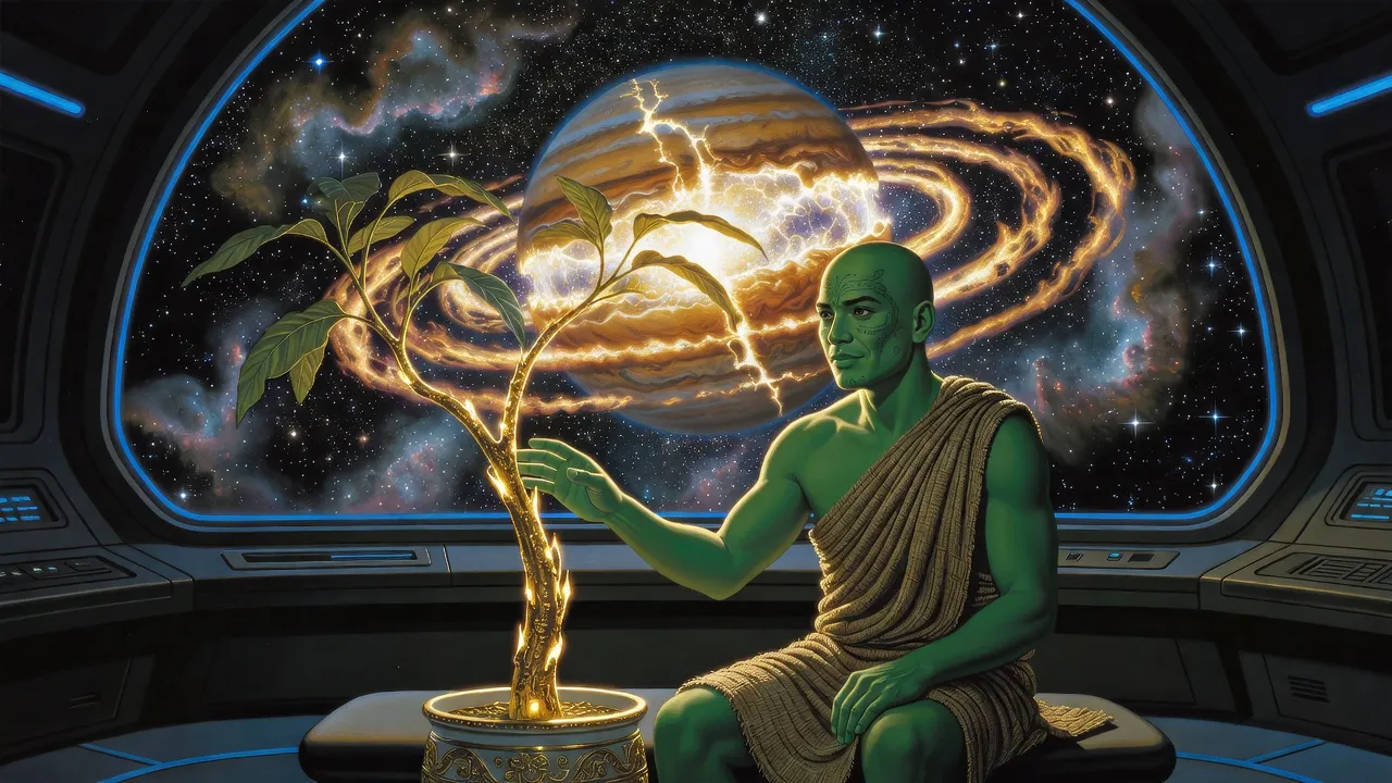 A green-skinned, tattooed man sits beside a potted sapling, his face lit by a gas giant collapsing into a blinding new star beyond a window.