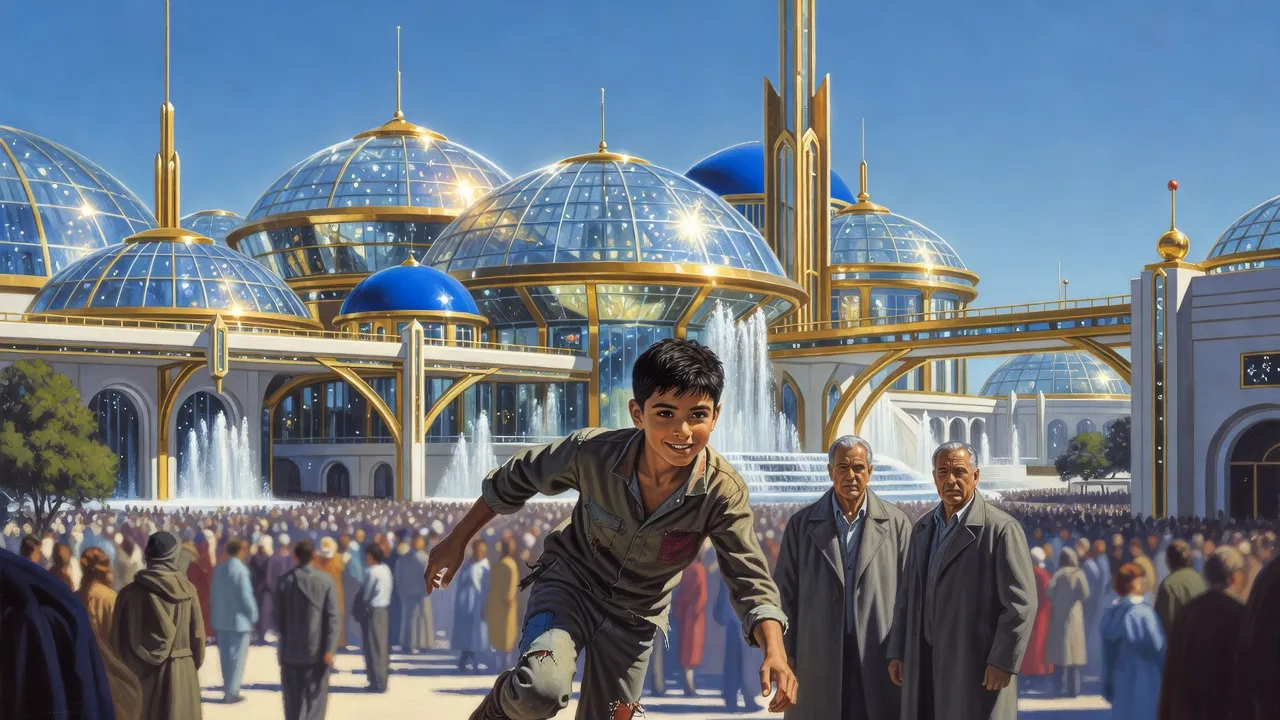 A quick-eyed boy in patched clothes slips through a holiday crowd in a plaza below a palace of glittering glass domes, watched by two men in grey coats.
