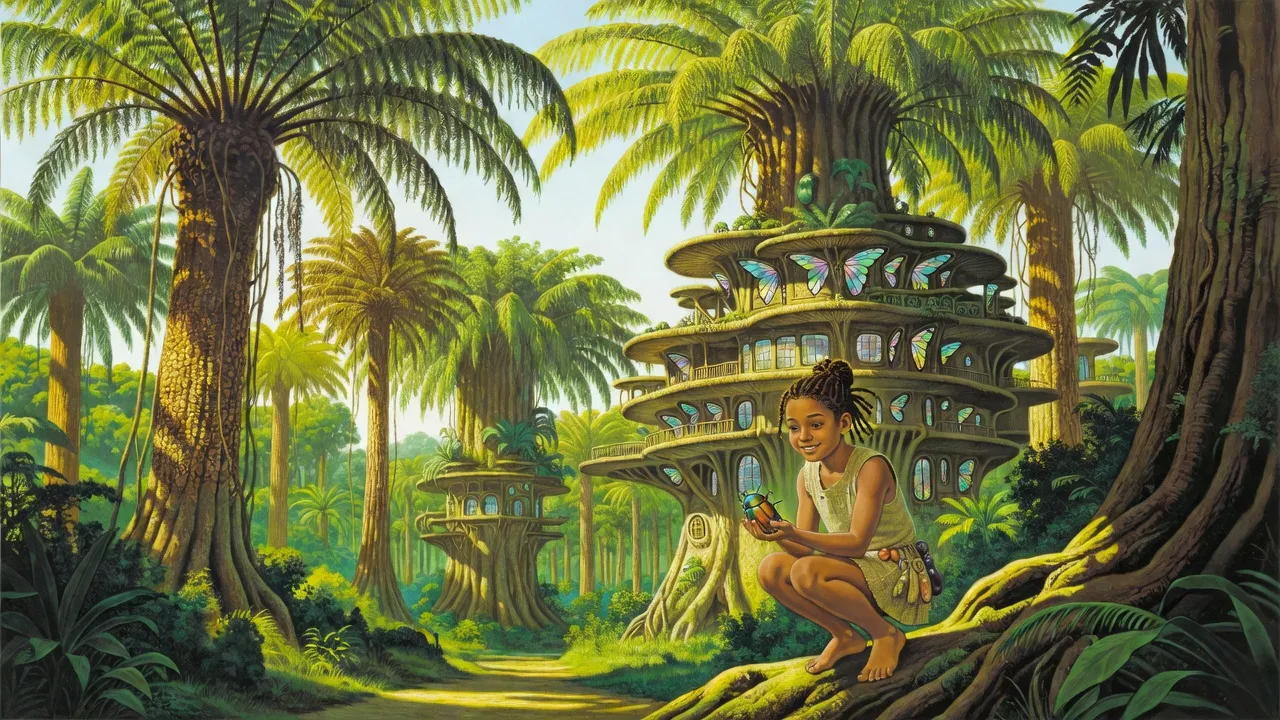 A barefoot twelve-year-old girl with braided hair crouches on a giant root in a vast golden-green forest, studying a shell in her palm, a mushroom city behind her.