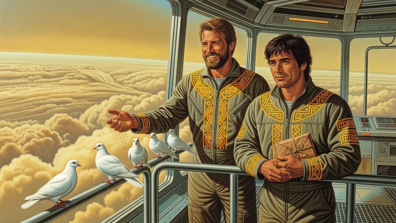Two Roamer brothers stand at the glass of a skymine gallery above endless tan clouds, one feeding white doves, the other holding a small parcel.