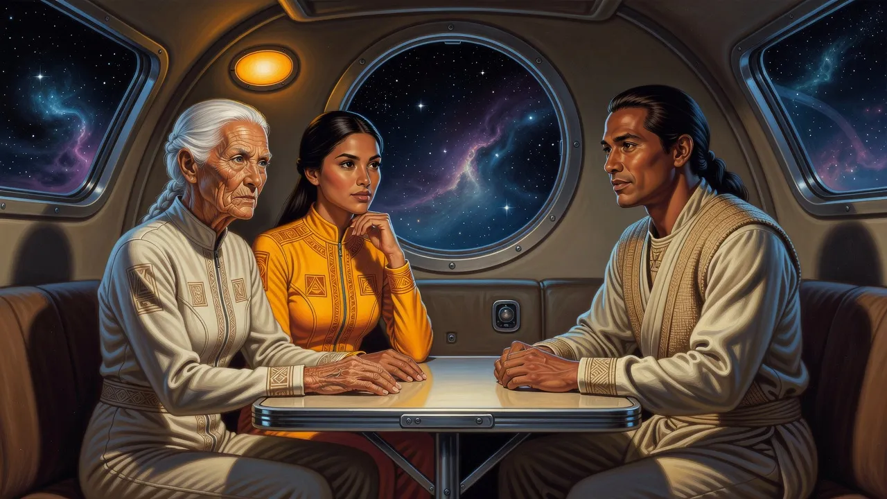An old Roamer woman and a dark-eyed young woman sit across a small cabin table from a broad-shouldered prince in woven fibre, the young woman answering him firmly.