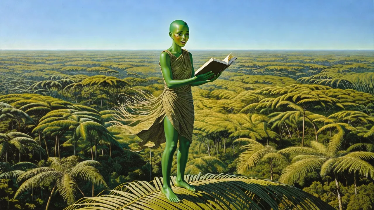 A young green-skinned woman stands barefoot on a frond on top of a sea of golden-green treetops, reading aloud from an open book under a blue sky.