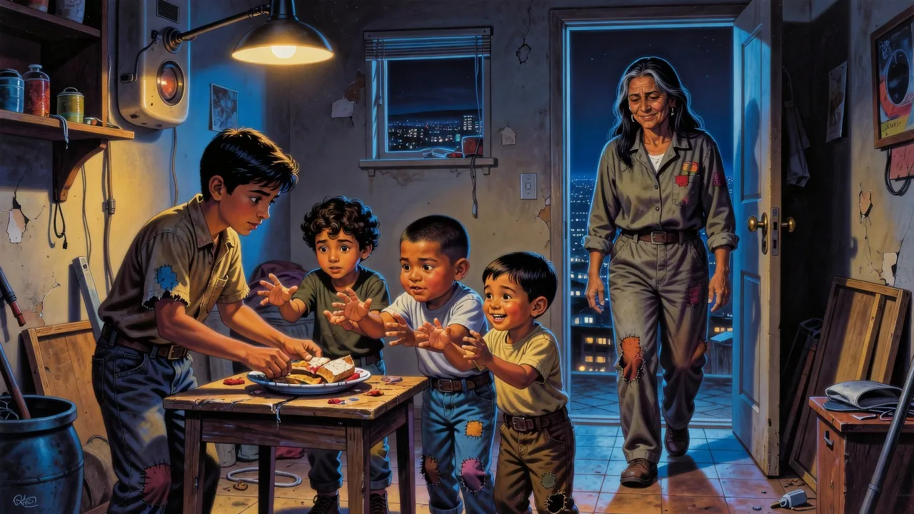 A teenage boy sets a plate of food on a small table for three younger brothers in a shabby lamplit apartment while their tired mother smiles from the doorway.