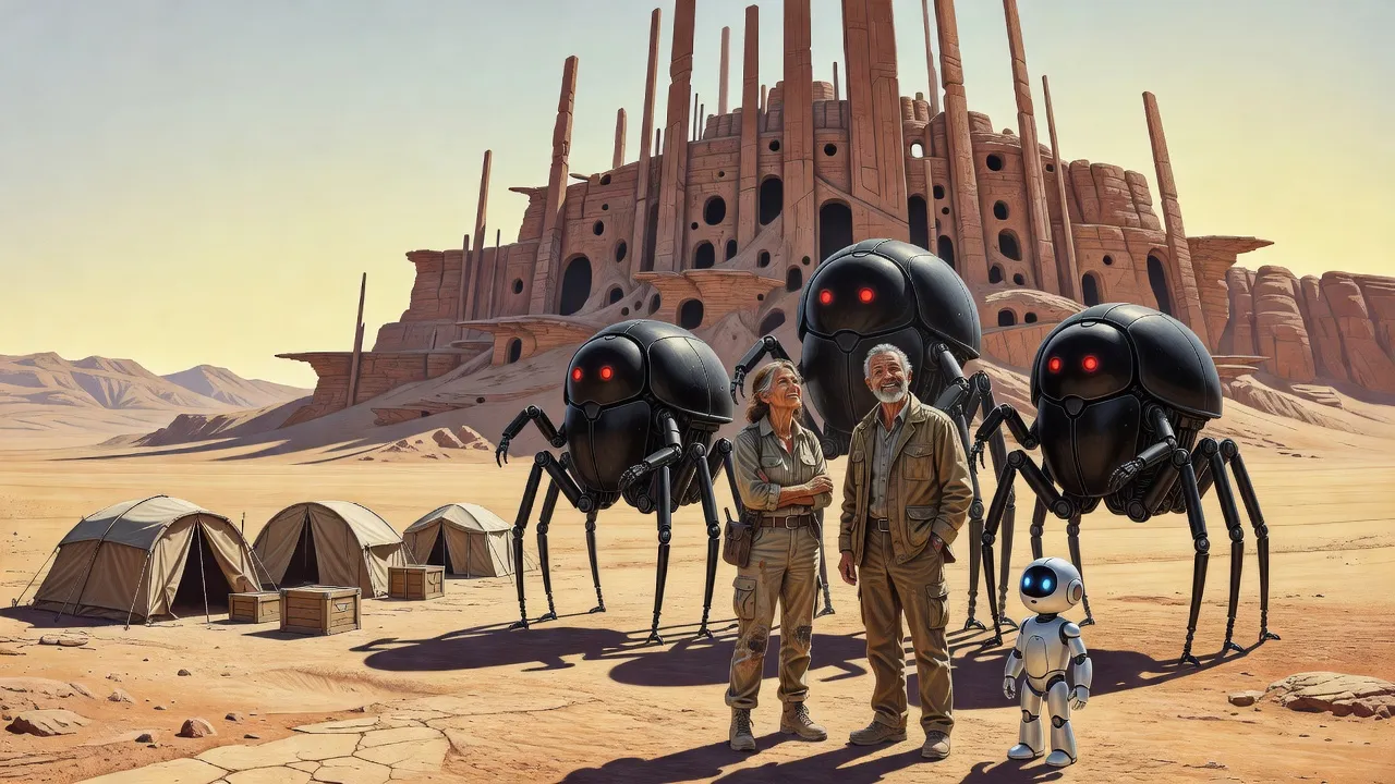 Two sunburned archaeologists and a small silver robot look up at three towering black beetle-shaped robots with glowing red eyes in a desert camp below cliffs of stone slivers.
