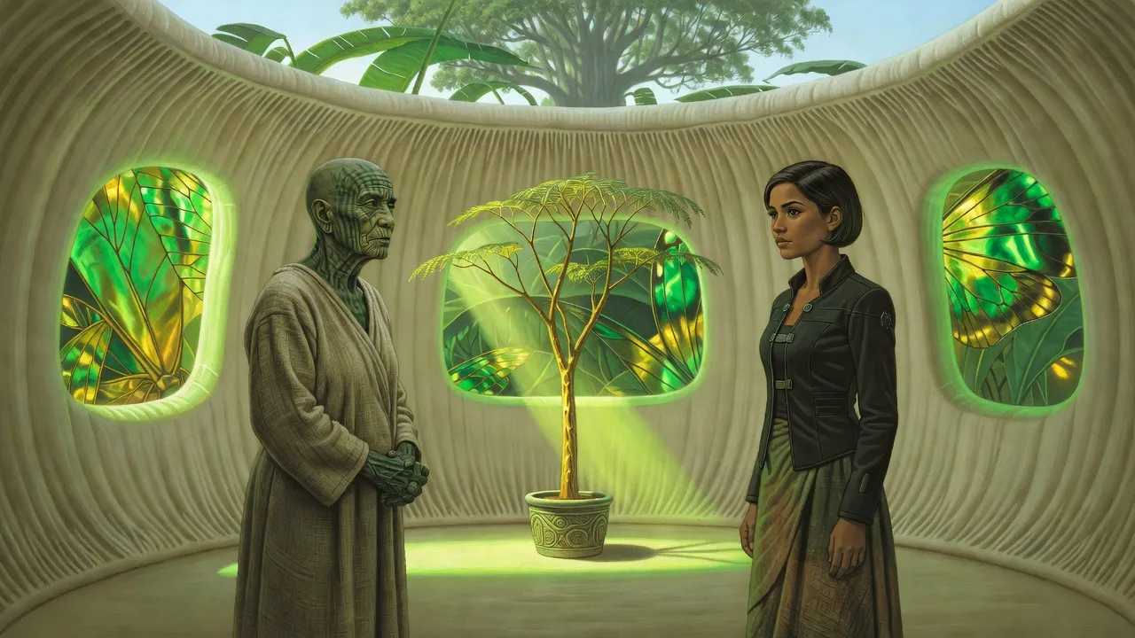 A stern ancient green-skinned woman looks down at a poised young bronze-skinned woman across a chamber inside a giant mushroom city, a potted sapling by a window of iridescent insect wings.