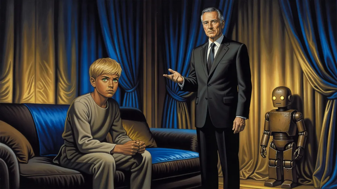 A tense straw-blond teenage boy sits on a couch glaring at a composed grey-haired man in a suit in a plush windowless room, a small bronze robot waiting by the wall.