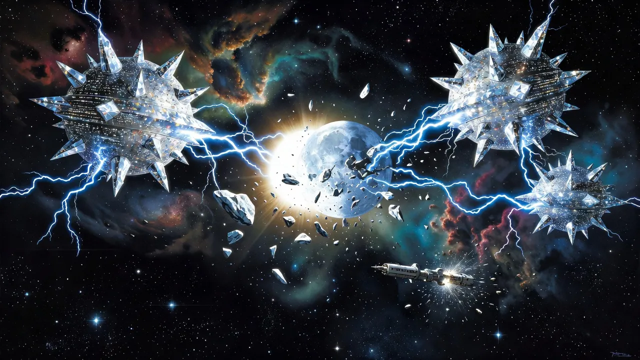 Three crystal spheres crackling with blue lightning shatter an icy moon beside a small white new sun while an orbital station breaks apart.