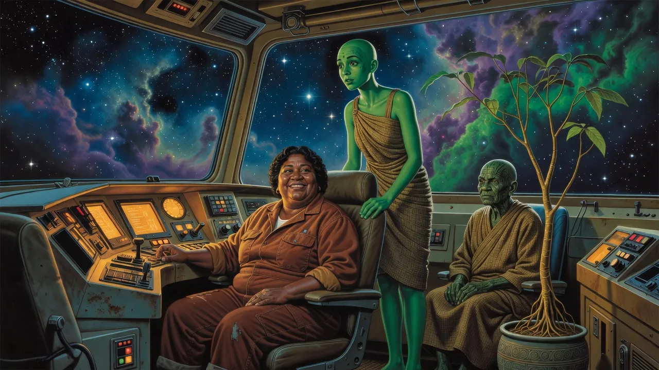A smiling trader at a space freighter’s controls turns to two green-skinned passengers, a wide-eyed young woman at the window and a stern old woman beside a potted sapling.