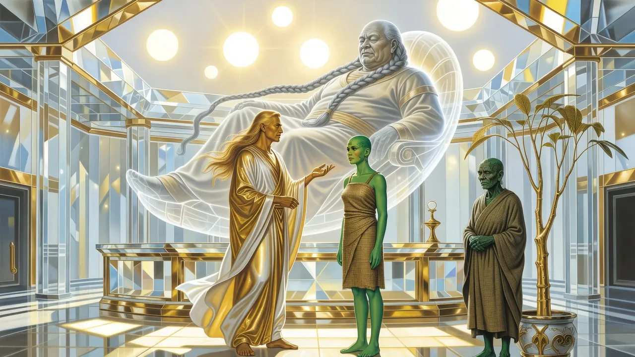 A tall golden-haired man in gold and white presents two green-skinned women beneath a huge glowing image of a vast ruler in a crystal hall flooded with light.