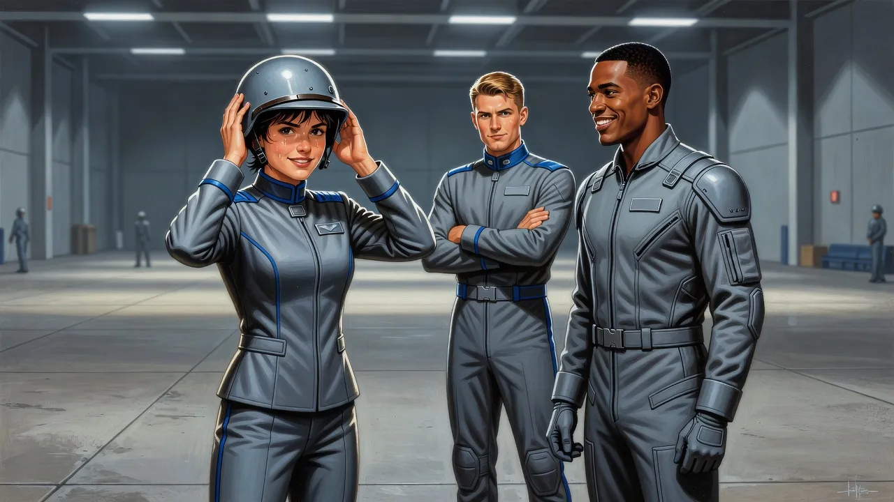 A wiry young woman in a grey uniform pulls off her helmet and hides a grin while a young man grins back and a fair-haired cadet sneers behind them.