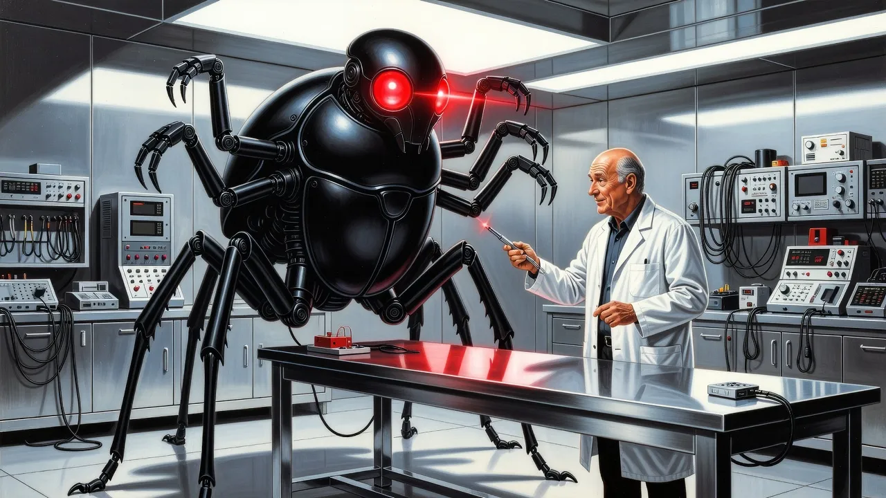 A huge black beetle-shaped robot with glowing red eyes towers beside a steel table as an eager scientist in a lab coat reaches toward it with a probe.