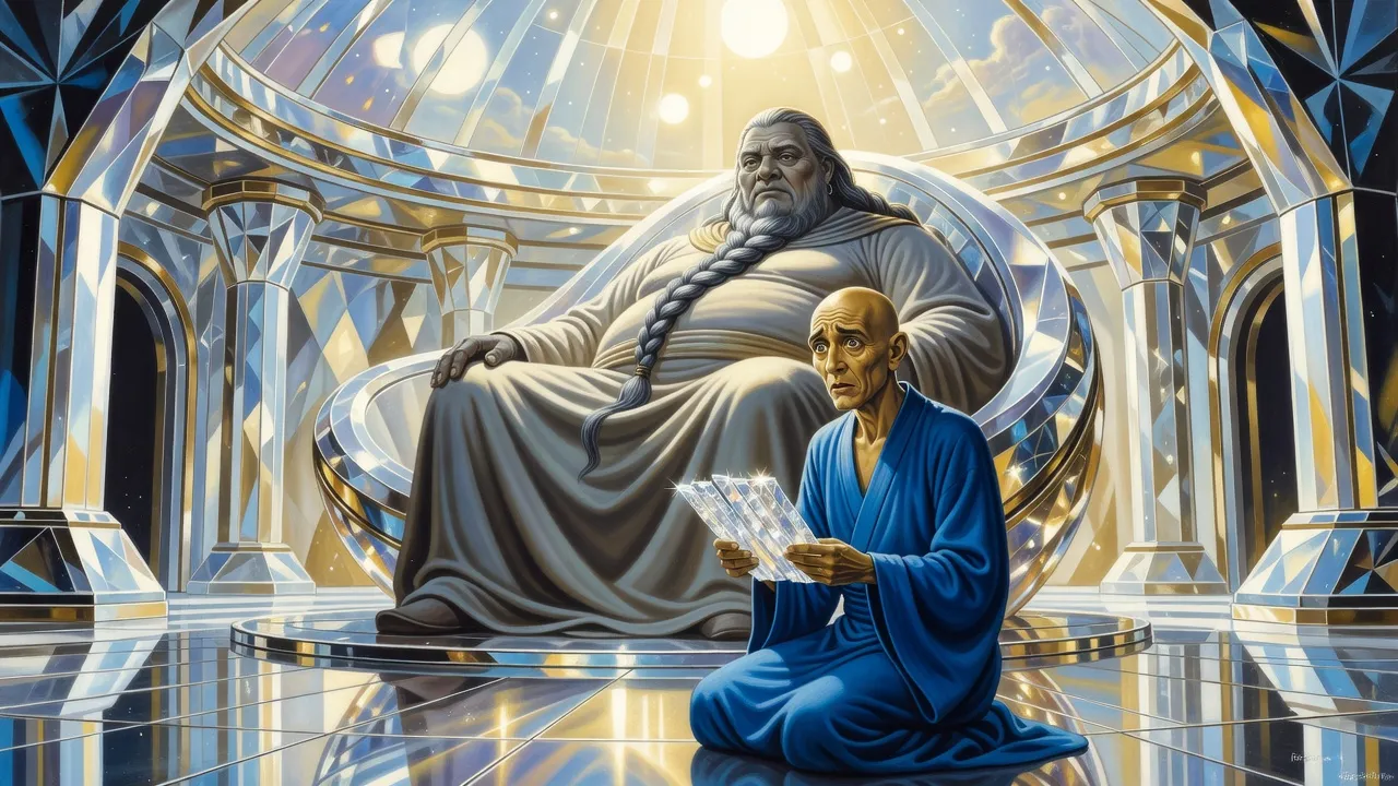 A gaunt alien storyteller in blue robes kneels holding up glittering crystal sheets before an immense grey-skinned ruler in a cocoon-shaped throne in a crystal chamber.