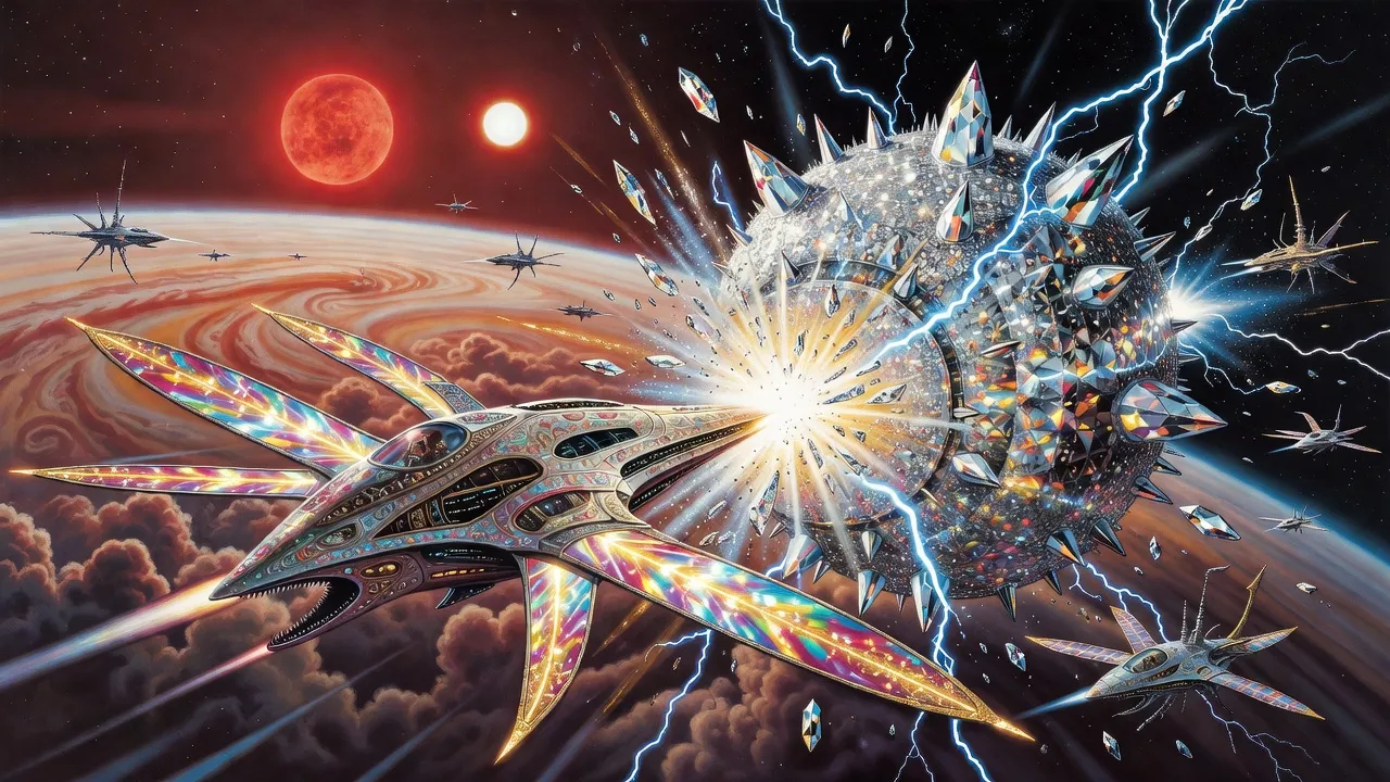 An ornate alien warship drives head-on into a crystal sphere crackling with blue lightning above a gas giant lit by a red sun, both bursting apart.