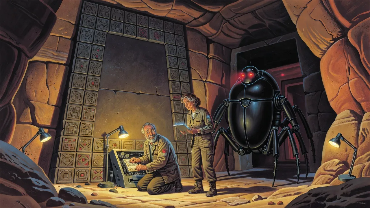 An archaeologist kneels at an open panel beside a tall trapezoidal stone frame ringed with carved tiles while his wife studies it, a black robot watching from the doorway.