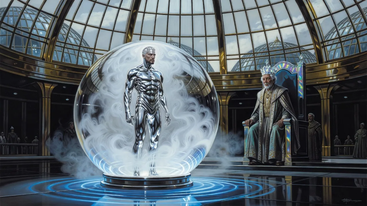 An old king in robes and a prism crown stands rigid before a tall crystal sphere full of milky vapour, a shimmering silver man-shaped figure inside, in a vast domed throne hall.