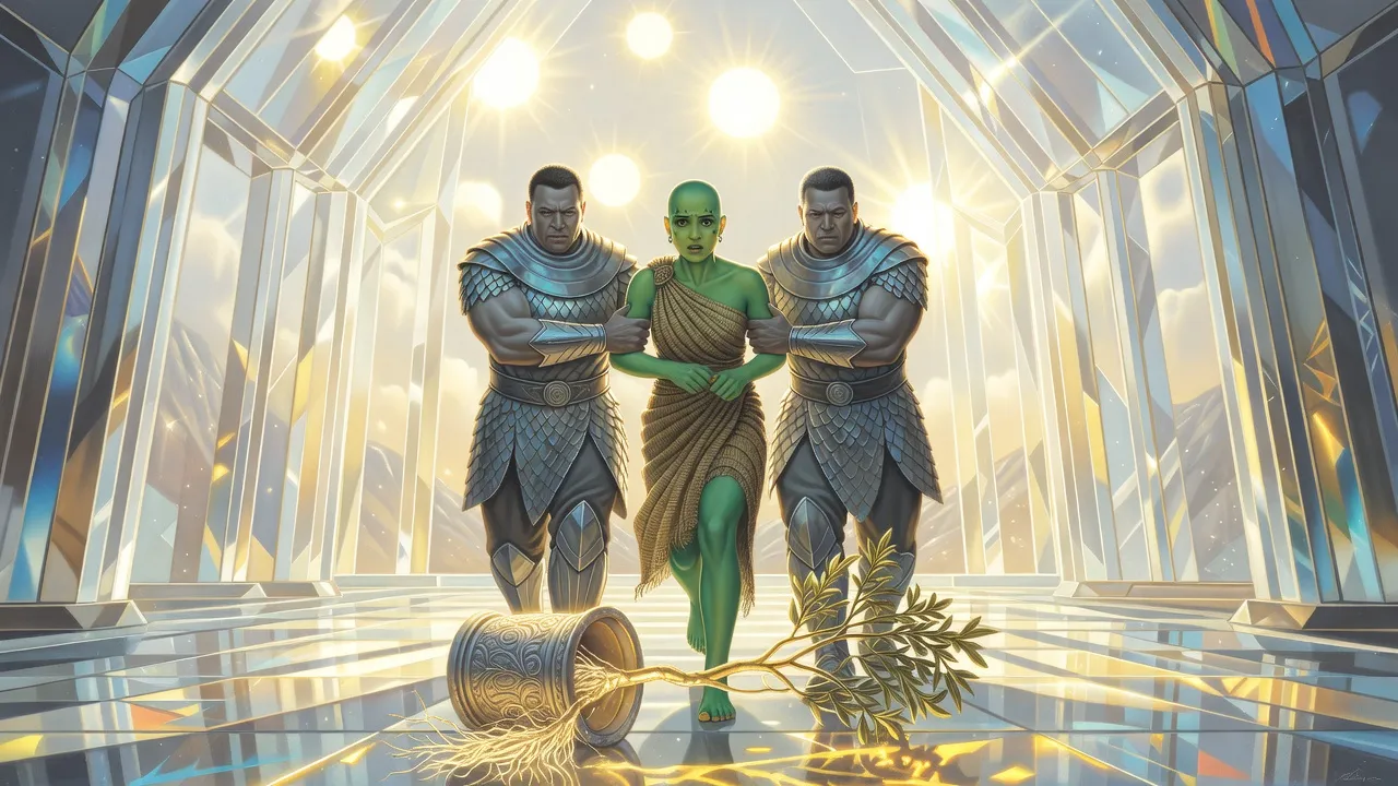 Two broad grey-skinned guards march a young green-skinned woman out of a crystal chamber as she looks back at an overturned potted sapling.