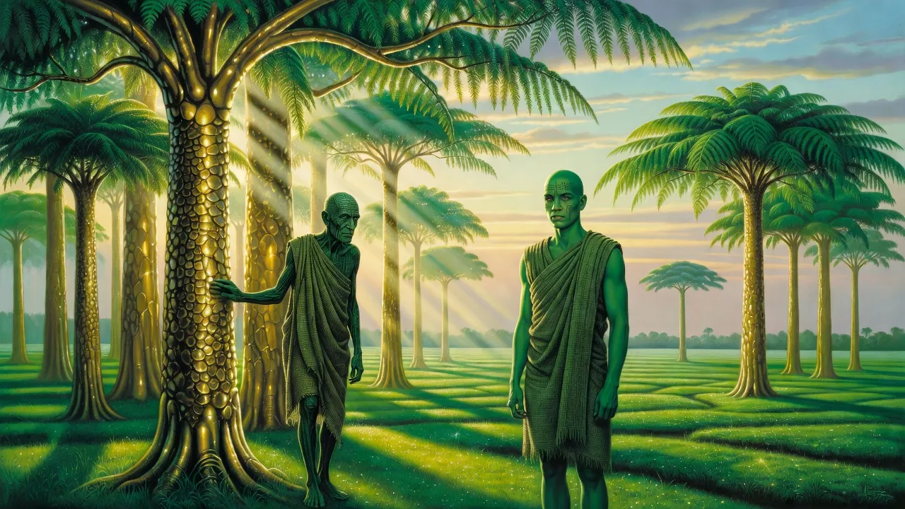 A frail old green-skinned priest walks away into a grove of young golden-barked trees beside farm fields while a younger green priest watches from the edge.