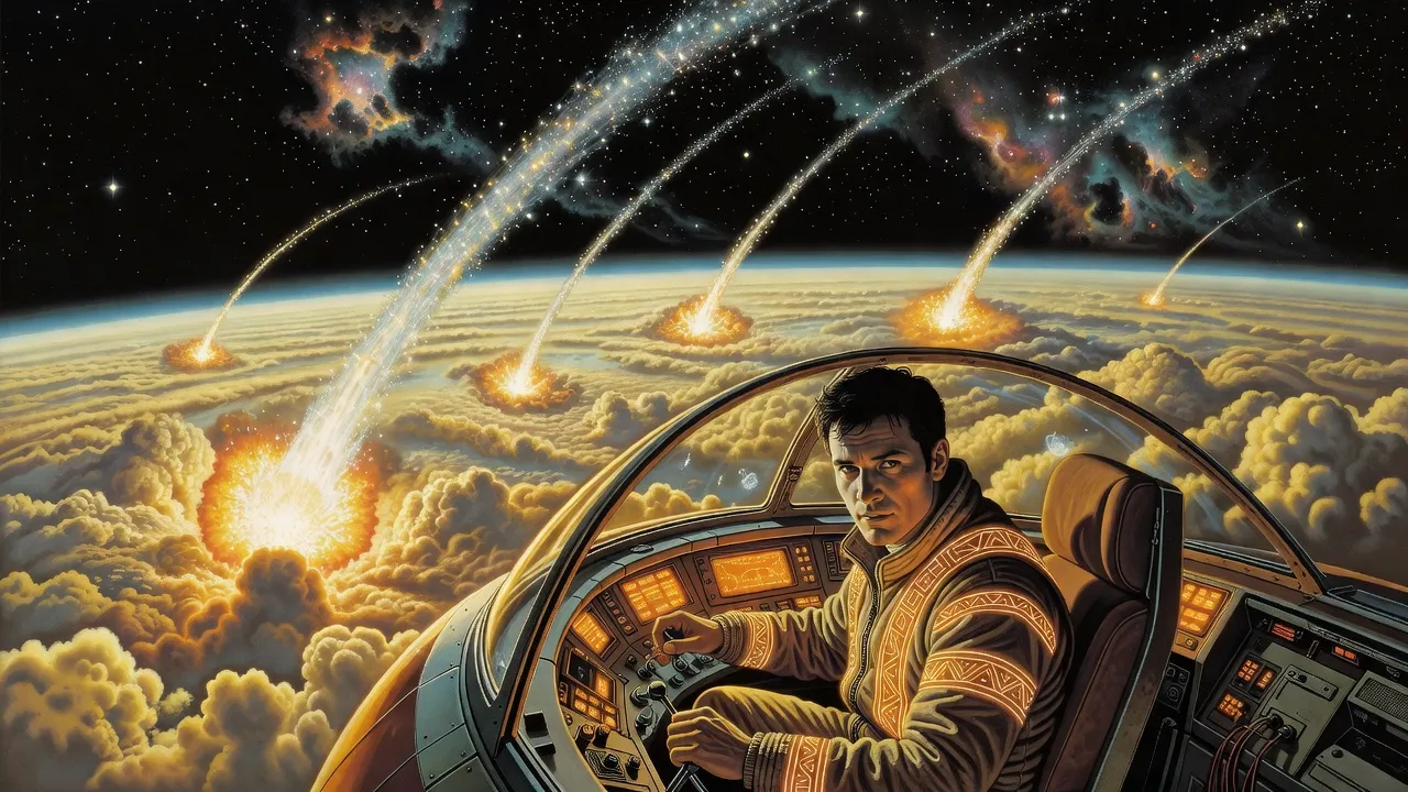 A Roamer pilot leans forward in a cockpit as long-tailed icy comets streak past and explode in the tan clouds of a gas giant far below.