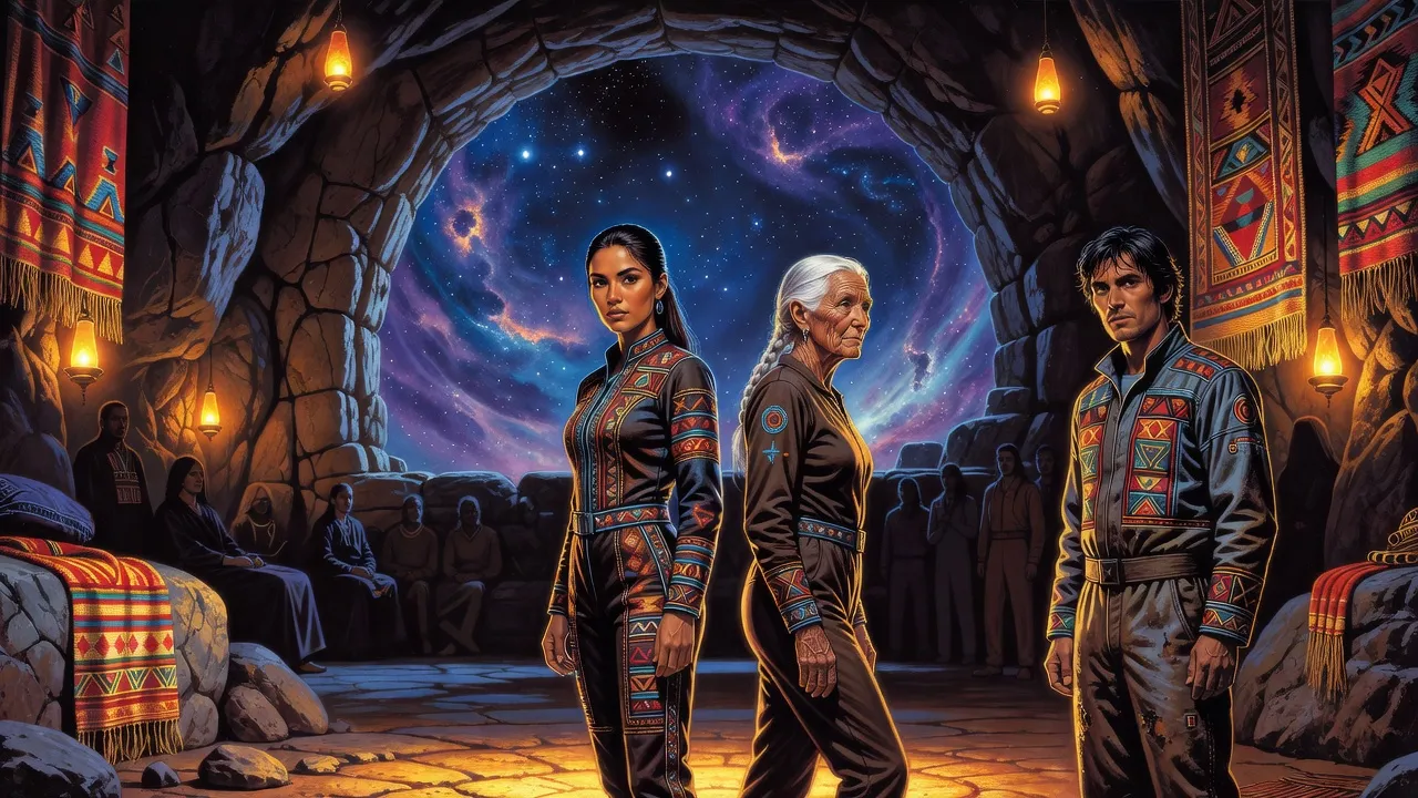 A dark-haired young woman in an embroidered jumpsuit stands composed at the centre of a rock-walled council chamber as an old woman steps back and a man watches from afar.