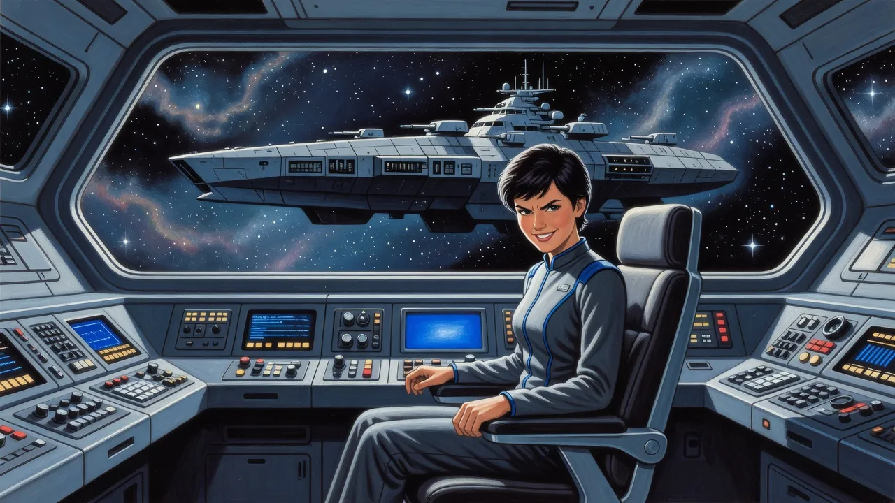 A wiry young woman in a grey uniform sits forward in a command chair on a weapons platform, a massive grey battleship hanging close outside the window.