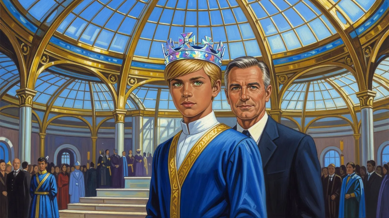 A young crowned king with glassy eyes stands on a dais in a sunlit domed hall while a composed grey-haired man in a dark suit watches from one step behind.