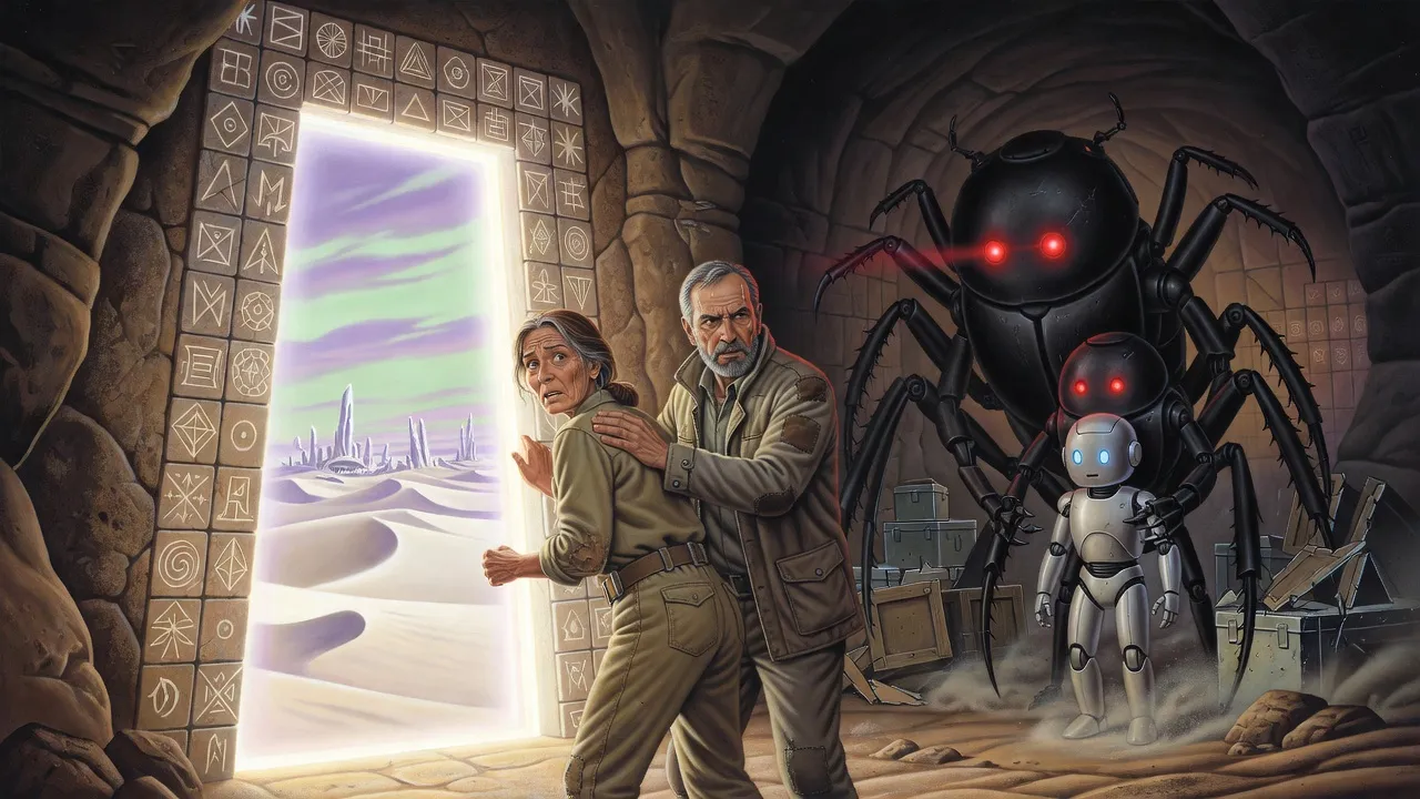 In a dark cliff chamber an older man pushes his wife into a glowing stone doorway as a black beetle-shaped robot smashes through a barricade and another seizes a small silver robot.