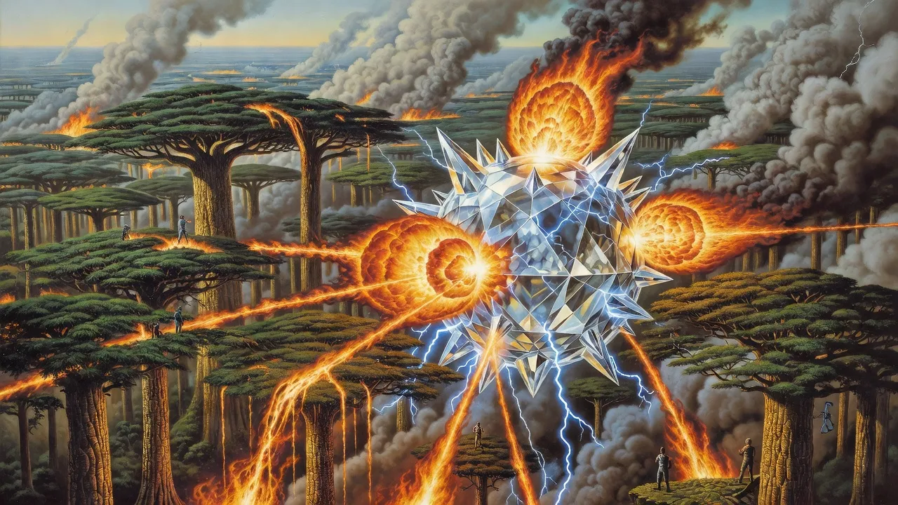 Flaming balls of living fire strike a spiked crystal sphere crackling with blue lightning above an endless forest canopy that has begun to burn, columns of smoke rising to the horizon.
