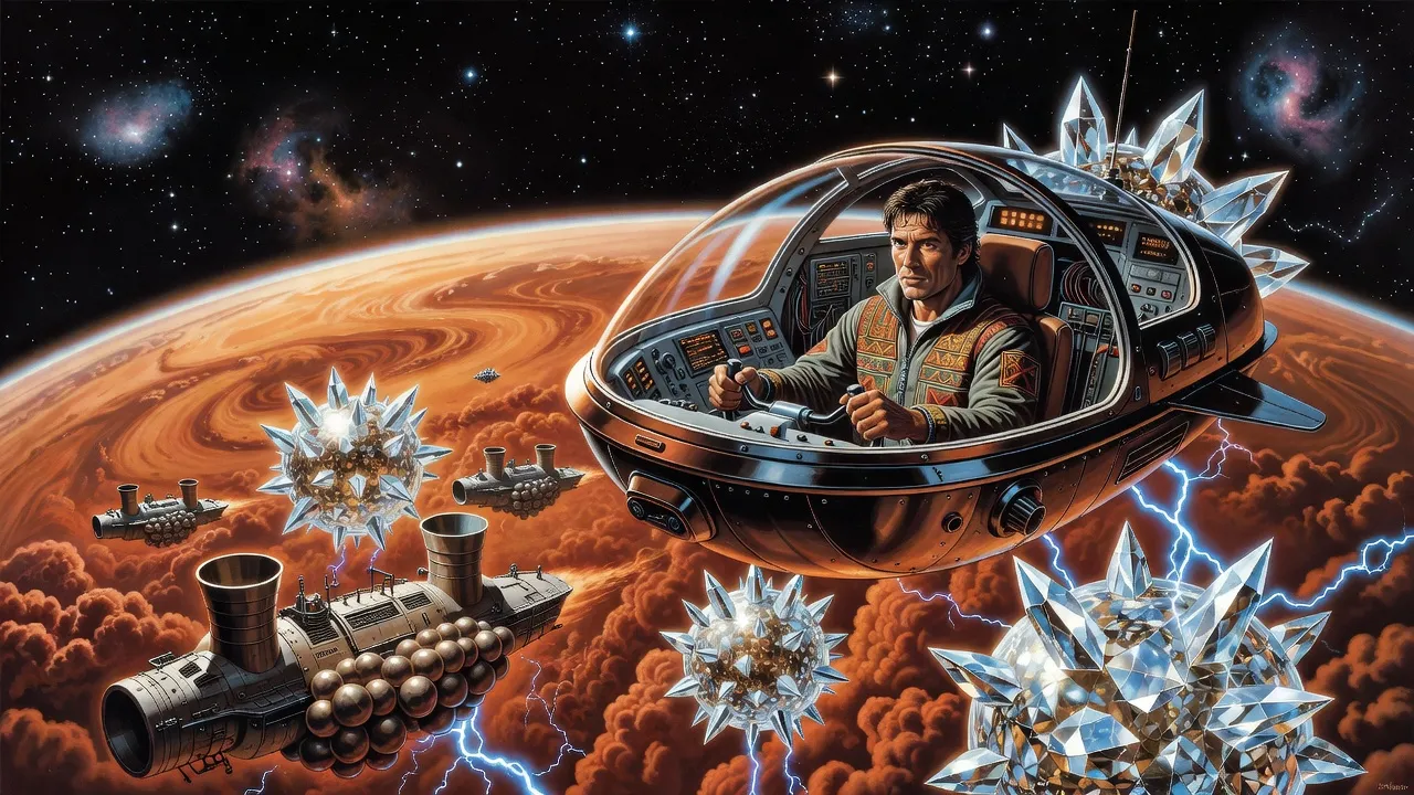 A Roamer pilot grips the controls of a small cockpit as huge crystal spheres crackling with blue lightning rise from copper clouds beneath diving mining ships.