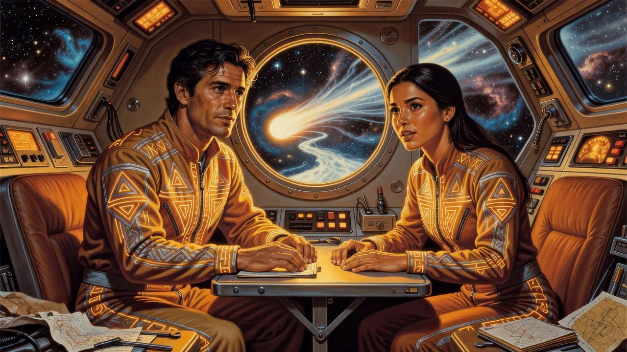 A man and a woman in embroidered work jumpsuits sit face to face in a small ship’s cabin while a comet’s glowing tail streams past the porthole.