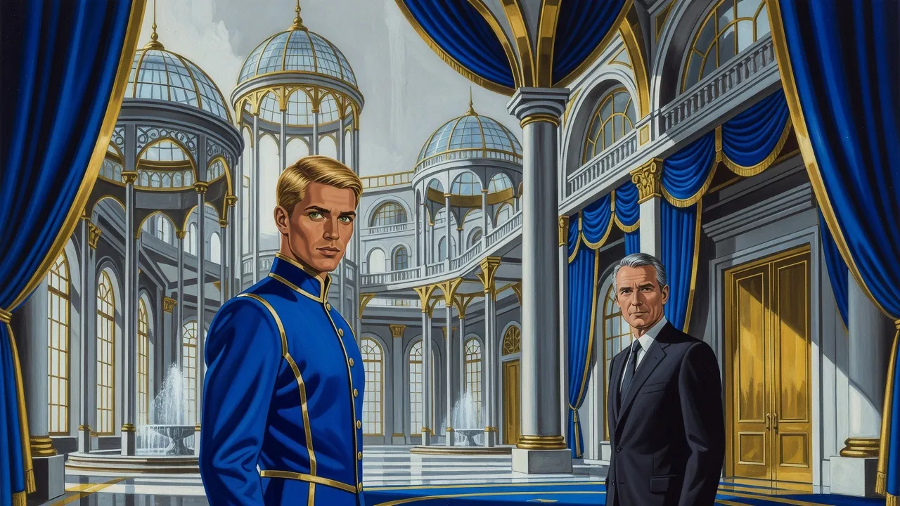 In a palace antechamber a young king in a blue-and-gold tunic stands stiffly facing a composed grey-haired man in a dark suit who is turning toward tall gilded doors.