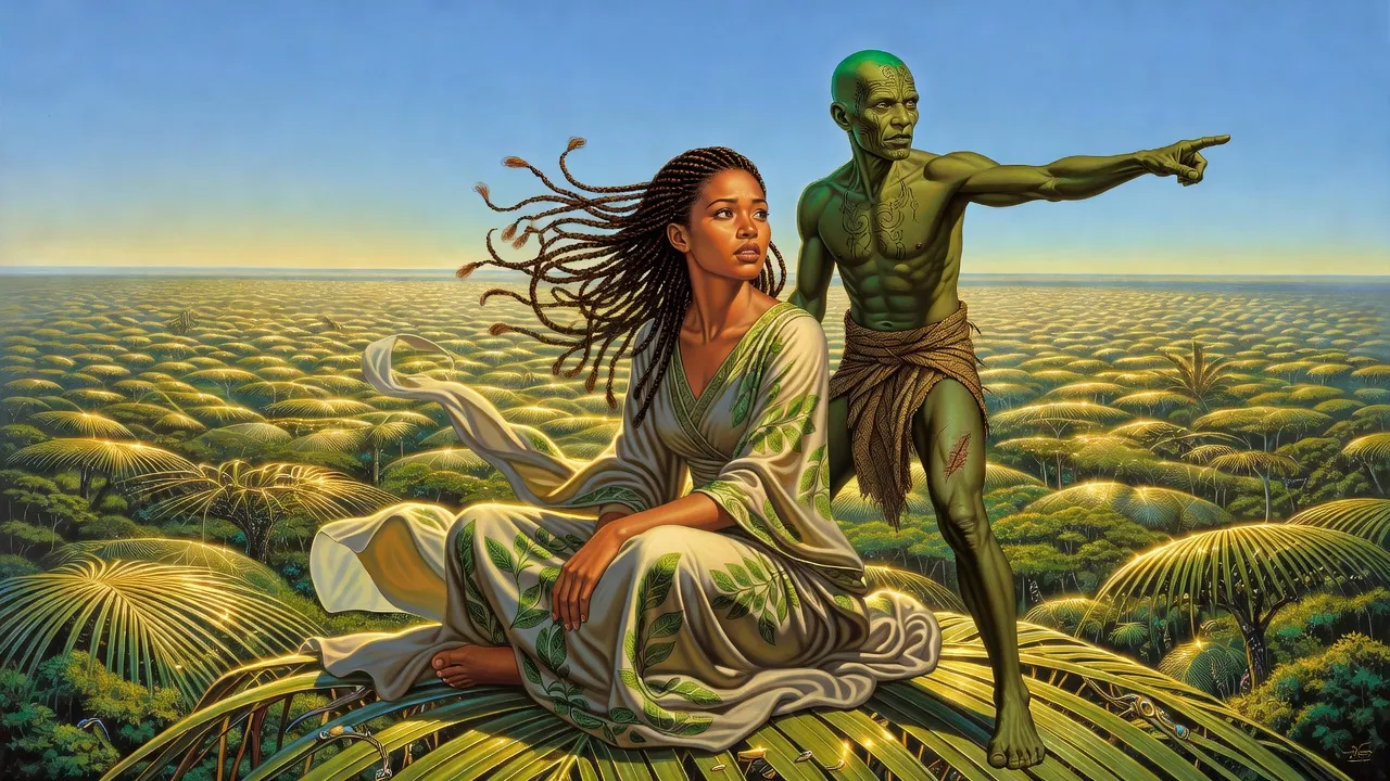 A young woman with many small braids sits on top of an endless sea of giant tree fronds beside a limping green-skinned man under a clear blue sky.