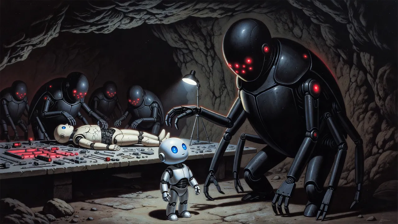 A small silver robot stands still in a dim stone chamber beneath a hulking black beetle-shaped robot with red eyes while other robots take apart a pale robot on a slab.