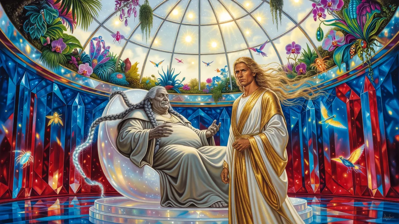 An immense grey-skinned ruler leans forward from a cocoon-shaped throne to speak quietly to a tall golden-haired man in a crystal hall full of coloured light.