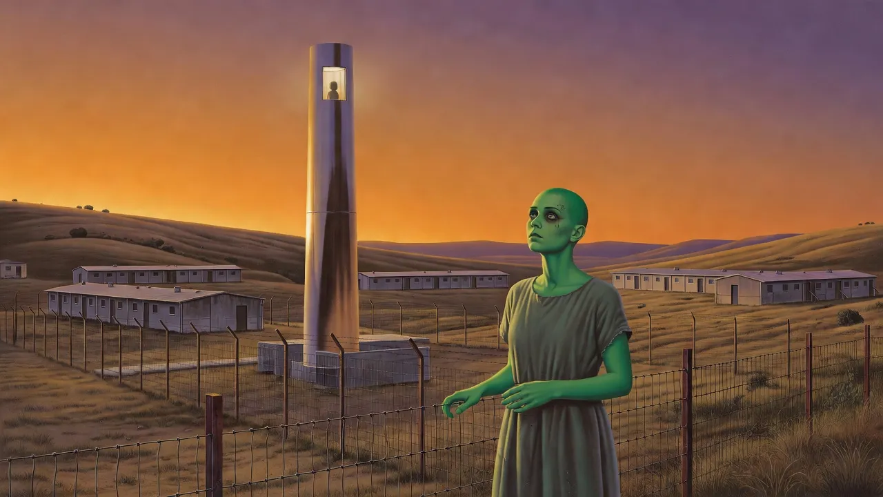 At dusk a green-skinned woman in a grey shift stands at a wire fence looking up at a tall tower where a small child is silhouetted in a lit window.