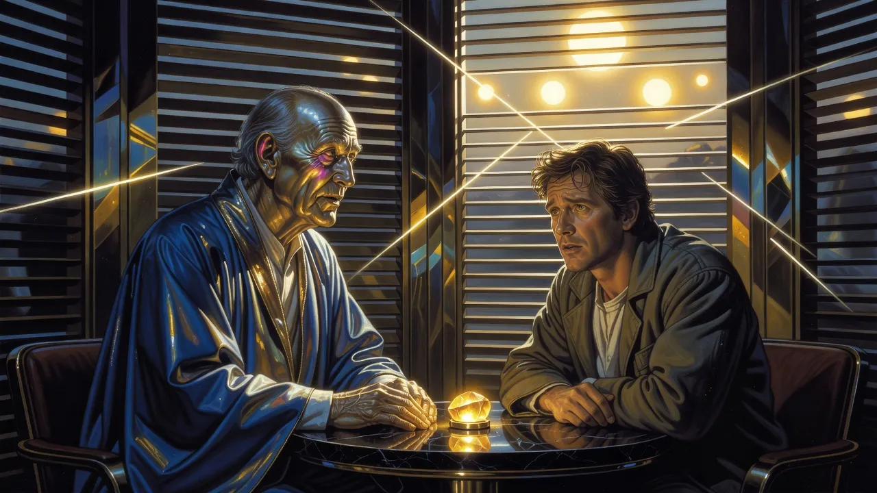 In a shuttered room lit by one small amber light, an elderly alien storyteller spreads his wide sleeves as a young human scholar leans in to listen.