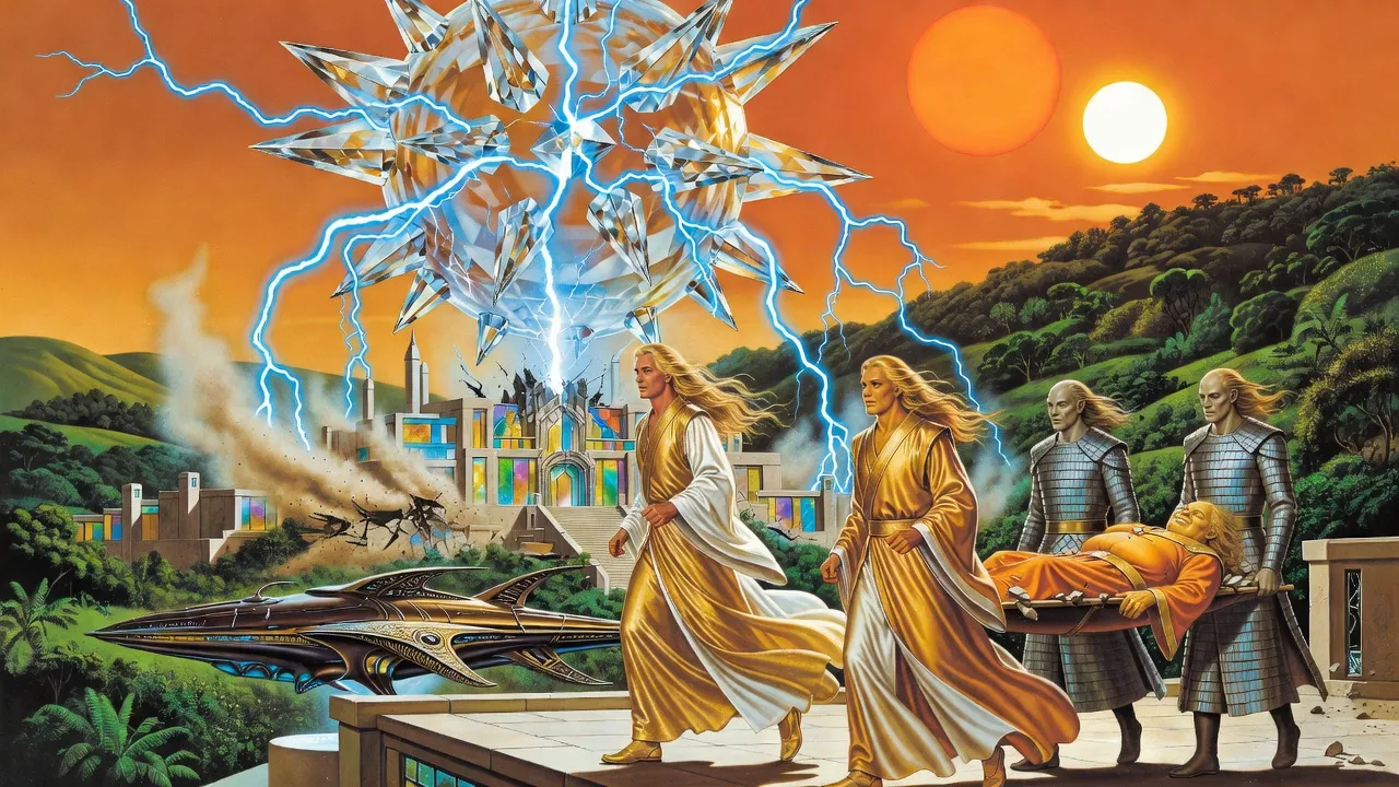 Under an orange sky a crystal sphere crackling with lightning wrecks a hilltop palace as a golden-haired man and a younger noble hurry toward a waiting warship and soldiers carry an unconscious man on a litter.